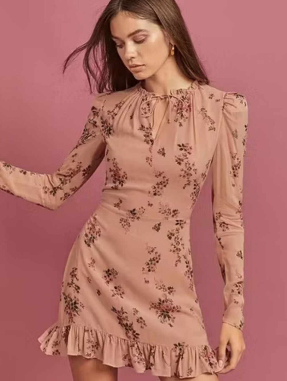 Reformation Pink Floral Tie-Neck Ruffle Hem Mini Dress Long Sleeves Size 4 Nwot.